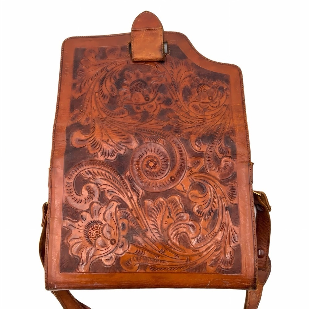 Vintage Mexican Tooled Leather Organizer Crossbody Boho Western Floral Purse Bag - Picture 3 of 13